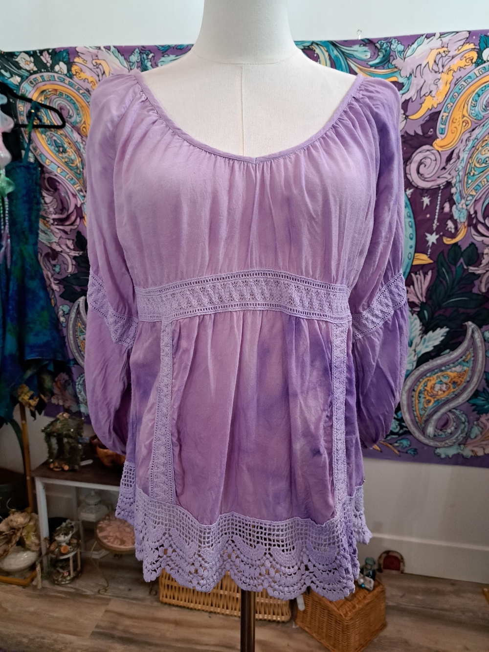 Lavender Drift Tunic | Billabong Small Hand-Dyed Crochet Trim Boho Top